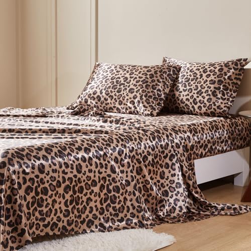 MR&HM Satin Bed Sheets with Elastic Corner Straps, King Size Sheets Set, 4 Pcs Silky Bedding Set with 15 Inches Deep Pocket for Mattress (King, Brown Leopard) MR&HM
