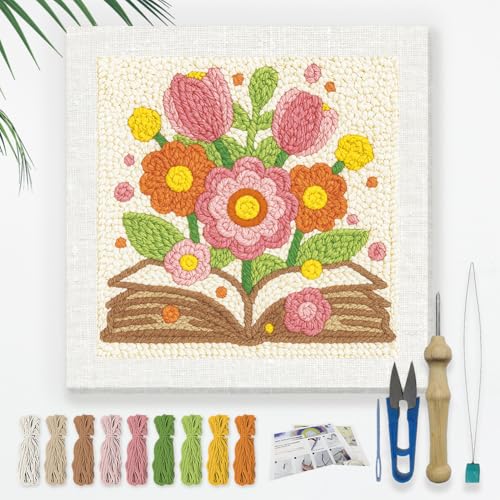 DOODLREAM Bouquet on Book DIY Punch Needle Embroidery Kit for Adult Beginner, 9.4" Flowers and Book Punch Stitching Craft Set for Starter with Frame, Fabric Pattern, Threader, Yarn, Punch Needle