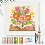 DOODLREAM Bouquet on Book DIY Punch Needle Embroidery Kit for Adult Beginner, 9.4" Flowers and Book Punch Stitching Craft Set for Starter with Frame, Fabric Pattern, Threader, Yarn, Punch Needle