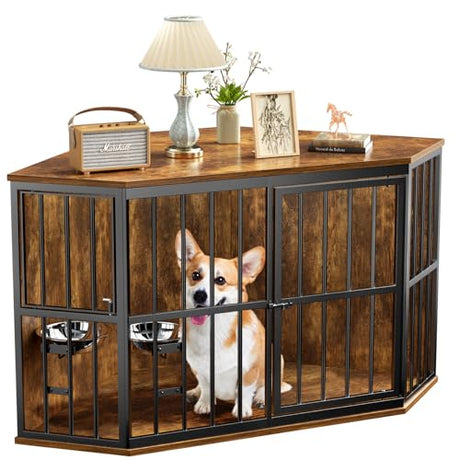 APRILSOUL 42 inch Furniture Dog Crate Corner, Dog Kennel Corner Wooden End Table with Bowl, Indoor Pet Crates Corner Side Table for Dogs, Wide Top Perfect for Limited Room APRILSOUL