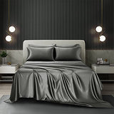 AiMay 6 Piece Satin Bedding Sheet Set King Grey Deep Pocket 1800 Series Luxury Rich Silk Silky Super Soft Solid Color 4 Pillowcases Reversible Sexy Honeymoon Wrinkle Free (King,Grey) AiMay