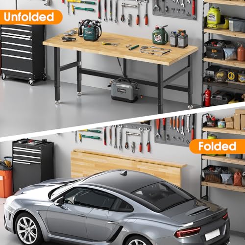 MUWOOD 60” Folding Workbench, 2000 LBS Capacity Heavy Duty Workbench, Height Adjustable Foldable Work Table, Rubberwood Collapsible Desk for Workshop, Garage, Office, Home MUWOOD