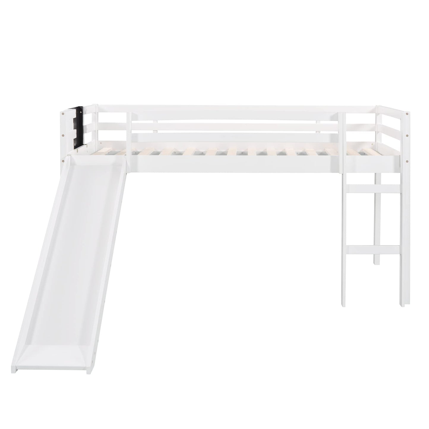 Twin Size Low Loft Bed with Slide,Kids Loft Bed with Chalkboard and Ladder,Wood Low Loft Bed Twin Size for Girls Boys,White