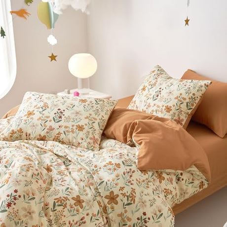 Wake In Cloud - Floral Duvet Cover Set, Botanical Flower Cottagecore Shabby Chic Aesthetic for Women Teen Girls, Soft Lightweight Bedding, 3-Piece, Orange Cream, Twin/Twin XL Size Wake In Cloud