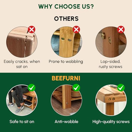 BEEFURNI Acacia Shoe Rack Bench, 3-Tier Sturdy Shoe Storage Bench, Wooden Footwear Organizer, 300 LBS Load Capacity, Perfect for Closet Entryway Bathroom, 1-Year Manufacturer Warranty, Natural Acacia BEEFURNI