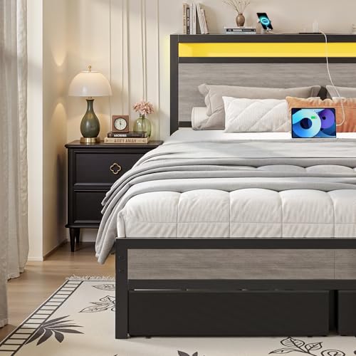 Fluest Queen Bed Frame,Queen Bed Frame with Storage Headboard & 2 Storage Drawer, Charging Station & LED Light, No Box Spring Needed, Noise Free, Easy Assembly, Rustic Grey Fluest