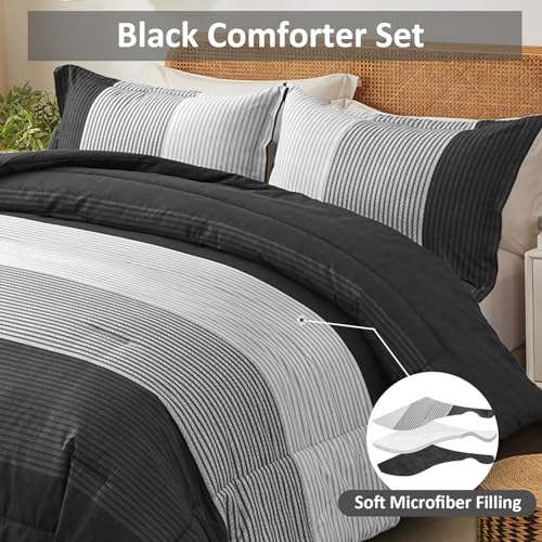 WONGS BEDDING Black Comforter Set Queen, Reversible Black Grey Stripe Down Alternative Comforter for All Season,3 Pieces(1 Patchwork Comforter+2 Pillowcases), Soft Microfiber Bedding Set 90"×90" WONGS BEDDING