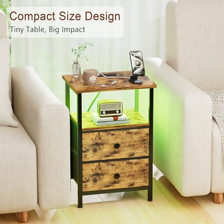 LOAKEKEL Nightstand with Charging Station, End Table with 2 Fabric Drawers, LED Night Stand for Bedroom, Small Bed Side Table with USB Ports and Outlets for Living Room, Brown, HETS02BR-1 LOAKEKEL