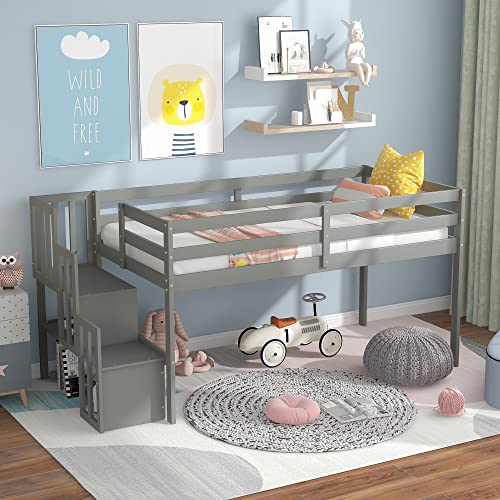 CITYLIGHT Twin Size Low Loft Bed for Kids, Low Loft Bed Wood with Stairs and Storage for Girls, Boys, Wood Slat Support, Gray CITYLIGHT