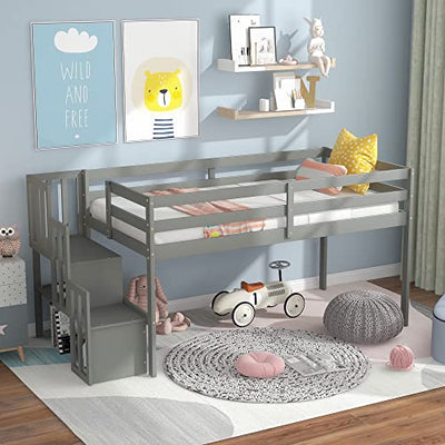 CITYLIGHT Twin Size Low Loft Bed for Kids, Low Loft Bed Wood with Stairs and Storage for Girls, Boys, Wood Slat Support, Gray