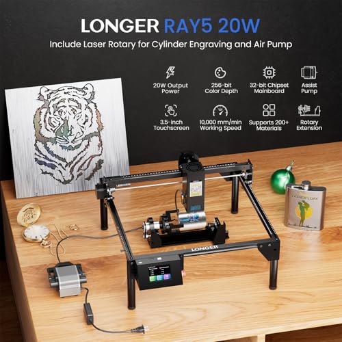 Longer RAY5 20000mW Laser Engraver with Air Assist Kit, 4-in-1 Chuck jaw kit, and 12 Pcs Raiser, CNC, App Offline Control, DIY Engraving Tool for Metal/Glass/Wood, Class 4 Longer