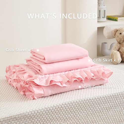 NacoMoco 3-Piece Tufted Ruffle Crib Bedding Set for Girls - Ultra Soft Baby Bedding Set Includes Boho Crib Comforter, Sheet & Skirt (Light Pink) NacoMoco