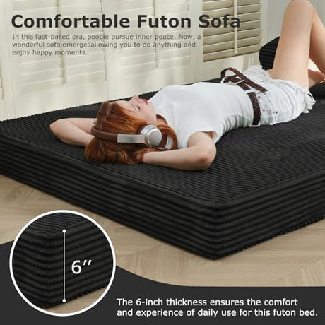 NLDD Folding Futon Sofa Bed Full Size, 6 inch Convertible Floor Couch Bed with Removable Corduroy Cover, Pull Out Couch for Small Spaces High-Density Foam,Black NLDD