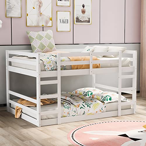 Ball & Cast Full Over Full Bunk Bed with Double Ladder and Full-Length Guardrail,Low Floor Bunkbed w/Slat Support,Bedroom Furniture for Girls Boys,White Ball & Cast
