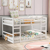 Ball & Cast Full Over Full Bunk Bed with Double Ladder and Full-Length Guardrail,Low Floor Bunkbed w/Slat Support,Bedroom Furniture for Girls Boys,White Ball & Cast