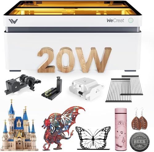 WECREAT Vision Laser Engraver, 20W 4-in-1 Desktop Diode Laser Engraver and Cutter with Smart Camera, Rotary, Auto-Lifting Enclosure, Air Assist and Laser Bed, White, LC2320 - WoodArtSupply