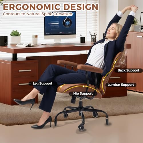 BEWISHOME Home Office Chair, Brown Office Chairs with Wheels, Leather Office Chair, Ergonomic Office Chairs with Lumbar Support, Mid Century Modern Executive Computer Chair BBY01Z BEWISHOME