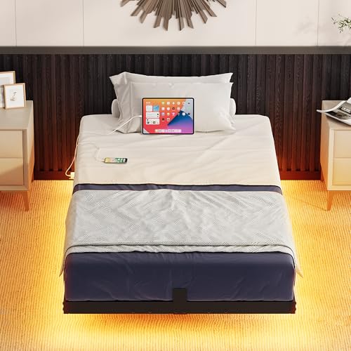 YITAHOME Floating Bed Frame Twin Size, LED Bed Frame with Charging Station, Metal Platform Twin Bed with Heavy Duty Steel Slats Supports, No Box Spring Needed, Easy Assembly, Black YITAHOME