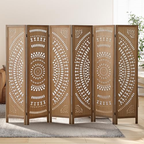 Asnefeli Wood Room Divider Wall and Folding Privacy Screen, 5.6 FT Tall Room Divider 6 Panel, Foldable Divider Panel, Environmentally Friendly Carved Privacy Divider for Home Bedroom Office (Brown) Asnefeli