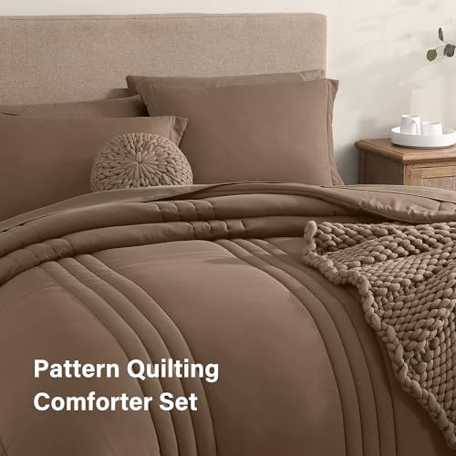 Monbix Queen Comforter Set - 7 Pieces Raw Umber Bed in a Bag Queen Bedding Sets with Comforters, All Seasons Comforter Bed Set with Sheets, Pillowcases & Shams Monbix