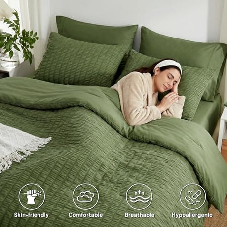 Zzlpp Twin Comforter Set 5 Pieces, Olive Green Seersucker Bed in a Bag with Comforter and Sheets, All Season Bedding Sets with 1 Comforter, 1 Pillow Sham, 1 Pillowcase, 1 Flat Sheet, 1 Fitted Sheet Zzlpp