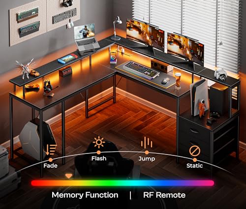 Huuger L Shaped Gaming Desk with LED Lights and Power Outlets, Computer Desk with Drawers, 66.1 Inches Corner Desk, Home Office Desk with Printer Stand, Large Storage Space, Carbon Fiber Blac - WoodArtSupply