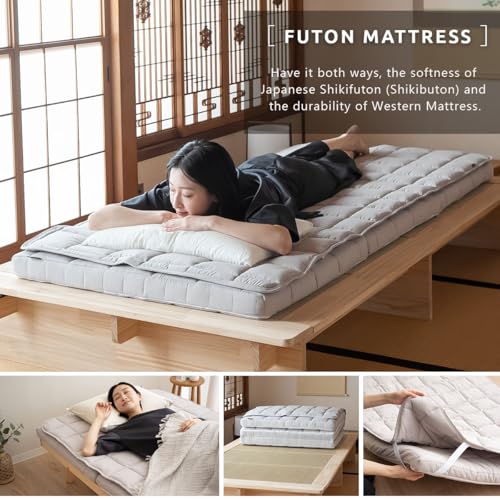 EMOOR Japanese Tri-fold Futon Mattress Machi with Mattress Pad Small-Twin Gray, Gusset Foldable Storable Washable Floor Sleeping Guest Bed Tatami Mat EMOOR