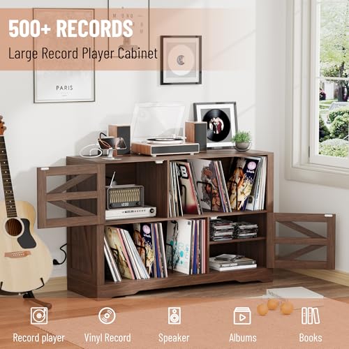 VAXZOFI Large Record Player Stand with Vinyl Storage, 500+ Vinyl Record Storage Cabinet, 47 Inch Record Player Table with Power Outlet, Farmhouse Wooden Turntable Stand for Living Room, Walnut VAXZOFI