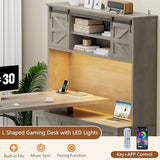 Homiflex 70.86" Farmhouse L Shaped Standing Desk with Hutch Electric Height Adjustable Desk with Storage Corner Computer Desk with File Drawer Power Outlets LED Gaming Desk with Sliding Door, Grey Homiflex