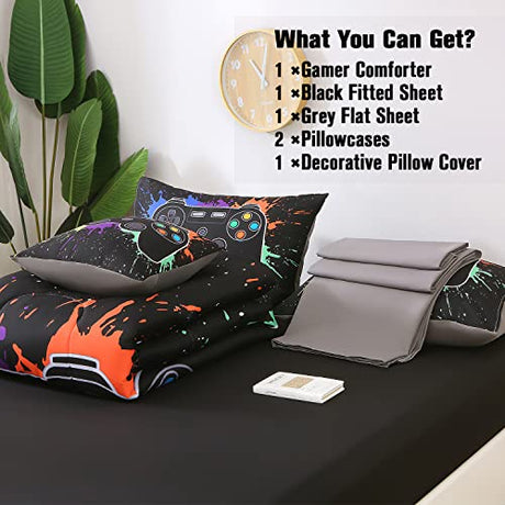 JQinHome Twin Gamer Comforter Sets for Boys&Girls ,6 Piece Bed in A Bag 3D Video Game Bedding -All Season Microfiber Gamer Bedding Sets for Kids, with Pillowcase, Flat & Fitted Sheet,Cushion Cover JQinHome