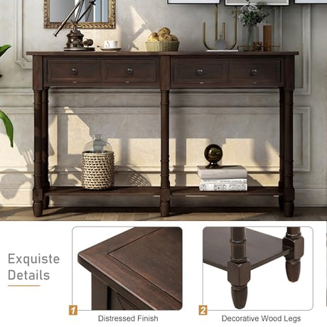 Amposei Retro Classic Wood Console Table 58-Inch Long Narrow Sofa Entry Table with Drawers & Open Shelf for Living Room Entrance Hallway Furniture, Espresso Amposei