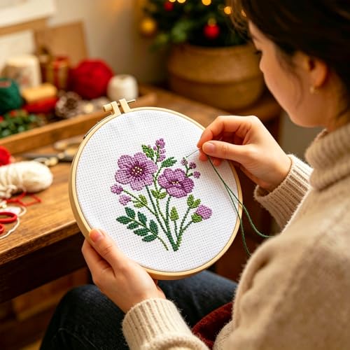 Zhenqing Purple Floral Bouquet Cross Stitch Kit for Beginners - 11CT 24x24cm Pre-Printed Pattern with Embroidery Hoop, Threads & Tools(70523)
