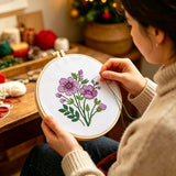 Zhenqing Purple Floral Bouquet Cross Stitch Kit for Beginners - 11CT 24x24cm Pre-Printed Pattern with Embroidery Hoop, Threads & Tools(70523)