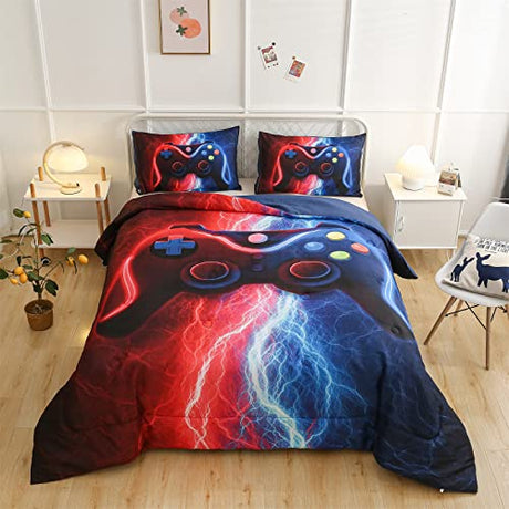Meeting Story Gamer Gaming Bedding Sets Tie Dye Lightnings Gamepad Comforter Set for Boys Games Console Action Buttons Novelty Colorful Modern Room Decor Home Quilt Set (Twin, Red-Blue) Meeting Story