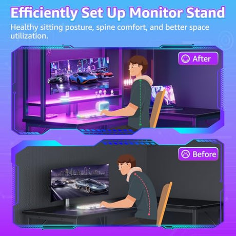 MEUIS L Shaped Gaming Desk with Shelves - 48 inch Corner Computer Desks with Storage Hutch Shelf Reversible Pegboard Led Lights Power Outlets PC Monitor Stand for Bedroom, Black MEUIS