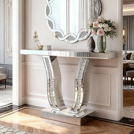 43" Mirrored Console Tables, Modern Silver Entryway Sofa Table with Curved Stone-Inlaid Legs for Living Room, Modern Luxury Accent Table, Hallway Foyer Table, Silver JIJIWANG