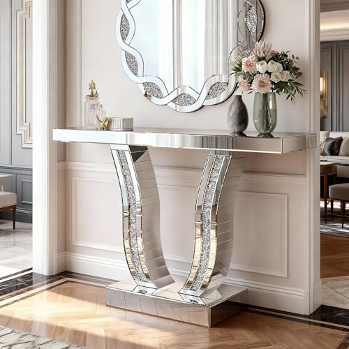 LUMISOL Mirrored Console Table, 43 Inch Silver Entryway Table with Curved Stone-Inlaid Legs, Modern Mirror-Decorated Sofa Table Behind Couch, Side Table for Living Room Foyer Hallway, Silver LUMISOL