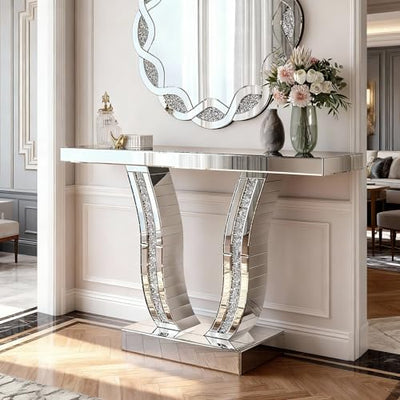 43" Mirrored Console Tables, Modern Silver Entryway Sofa Table with Curved Stone-Inlaid Legs for Living Room, Modern Luxury Accent Table, Hallway Foyer Table, Silver