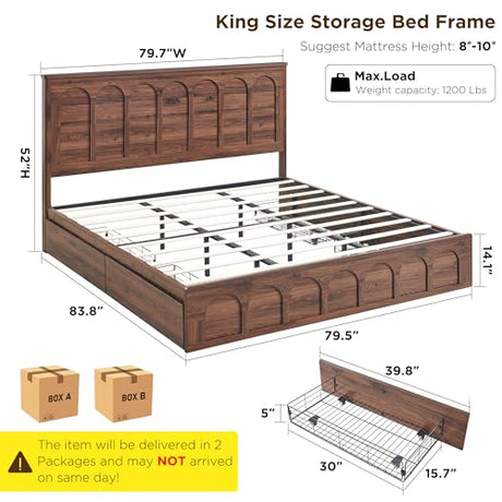 ACCOHOHO King Size Bed Frame Modern with 52" Tall Arched Recessed Headboard and 4 Drawers, Solid Wood Slats Support, Wood Platform, Noise Free, No Box Spring Needed, (Brown) ACCOHOHO