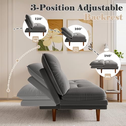 Homall Futon Sofa Bed, Modern Loveseat Futon Couch with Adjustable Backrest and Armrests, Sleeper Sofa Bed with Wood Frame for Living Room, Office, Apartment (Corduroy, Dove Gray) Homall