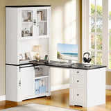 YITAHOME L Shaped Executive Desk with Hutch and Drawers, Farmhouse Home Office Desk with Power Outlet, Wood Corner Computer Desk with Sliding Door, Storage Cabinet with Glass Door, White & Black YITAHOME