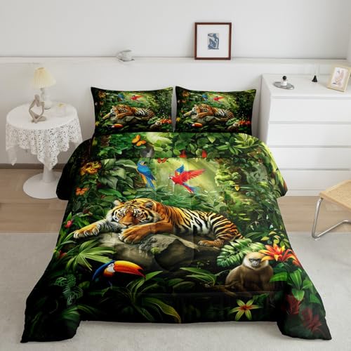 3D Tiger Comforter Set Queen Size,Monkey Parrot Wild Animals Bedding Set,Tropical Palm Tree Jungle Quilt Set for Kids Boys Girls Adult Bedroom Decor,Nature Wildlife Theme Duvet Insert,2 Pillowcases Castle Fairy