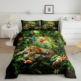 3D Tiger Comforter Set Queen Size,Monkey Parrot Wild Animals Bedding Set,Tropical Palm Tree Jungle Quilt Set for Kids Boys Girls Adult Bedroom Decor,Nature Wildlife Theme Duvet Insert,2 Pillowcases Castle Fairy