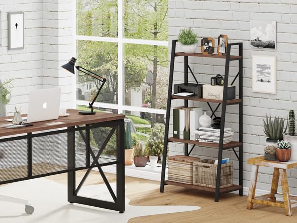 BON AUGURE Industrial Ladder Shelf Bookcase, 4 Tier Rustic Ladder Bookshelf, Standing Leaning Book Shelves for Living Room (Rustic Oak) BON AUGURE