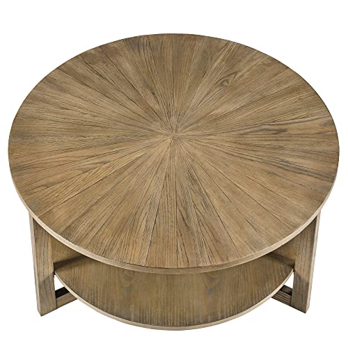 LEEMTORIG Round Wooden Coffee Table Living Room, 2-Tier Circle Round Coffee Table with Storage, Farmhouse Solid Wood Coffee Table, Yellowish Brown, KFZ-3338 - WoodArtSupply