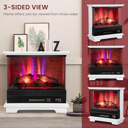 ORALNER 27” Electric Fireplace with Mantel, 3-Sided Glass View, Wooden Surround Firebox, Freestanding Fireplace Heater w/ 7 Flame Colors, Remote & 6H Timer, Overheat Protection, 1400W (White) ORALNER