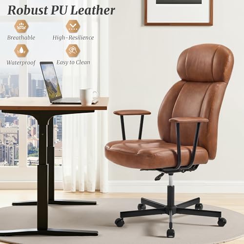 Cozyman High Back Office Desk Chair, Breathable Ergonomic Leather Chair with 5-Layer Seat Cushion with 135°Reclining Lumbar Support Adjustable Height Rolling Swivel Executive Armrests Chair, Brown Cozyman