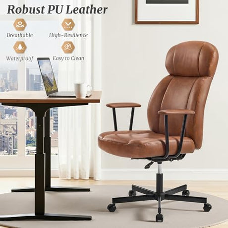 Cozyman High Back Office Desk Chair, Breathable Ergonomic Leather Chair with 5-Layer Seat Cushion with 135°Reclining Lumbar Support Adjustable Height Rolling Swivel Executive Armrests Chair, Brown Cozyman