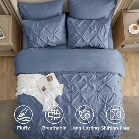 Bedsure Queen Comforter Set Slate Blue - Bed in a Bag Queen Size Bedding 7 Pieces, GentleSoft™ Pintuck Bed Set Gift for Family, Pinch Pleat All Season Comforter with Sheets, Pillowcases & Shams Bedsure