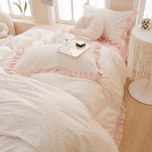 Pink Floral Duvet Cover Queen Chic Flower Print Ruffle Duvet Cover Cotton Lace Comforter Cover Country Style Floral Bedding Set Girls Ruffle Comforter Cover Flower Queen Duvet Cover with 2 Pillowcases LifeTB